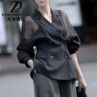 Mesh Panel Striped Double-breasted Blazer