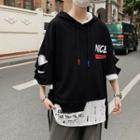 Mock Two-piece Distressed Elbow-sleeve Hooded T-shirt