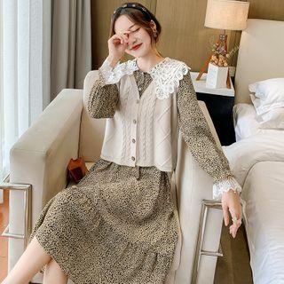 Long-sleeve Leopard Print Midi A-line Dress / Cable-knit Sweater Vest / Set