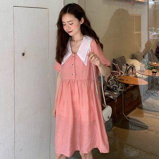 Elbow-sleeve A-line Shirt Dress Pink - One Size