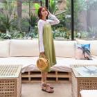 Set: Round-neck Top + Spaghetti-strap A-line Dress