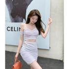 Lace Panel Cropped T-shirt / Cutout Mini Pencil Skirt