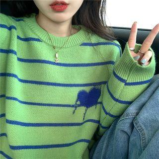 Heart Striped Loose-fit Sweater Green - One Size