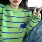 Heart Striped Loose-fit Sweater Green - One Size