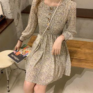 Floral Square-neck Long-sleeve A-line Dress