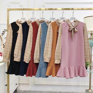 Plaid-panel Tie-neckline A-line Dress