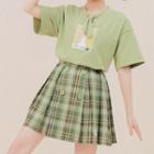 Tie-neck Short-sleeve Cartoon Print T-shirt / Plaid Mini Pleated A-line Skirt