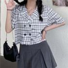 Elbow-sleeve Double-breasted Plaid Open-collar Shirt