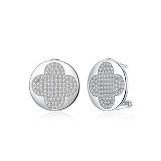 925 Sterling Silver Fashion Four-leafed Clover Round Earrings With Cubic Zircon Silver - One Size