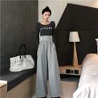 Long-sleeve Lettering T-shirt / Lace-up Wide Leg Pants