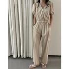Puff-sleeve Drawstring-waist Straight-leg Jumpsuit
