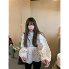 Long-sleeve Heart Print Shirred Blouse White - One Size