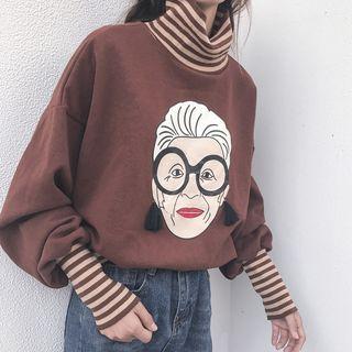 Striped Panel Printed Turtleneck Pullover
