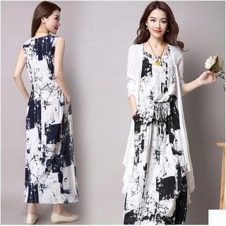 Set: Print Sleeveless Dress + Cardigan