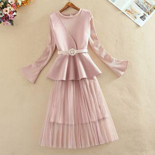 Set: Mesh Panel Long-sleeve A-line Dress + V-neck Knitted Vest