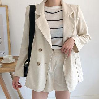 Set: Double-breasted Patch-pocket Blazer + Pleated Shorts