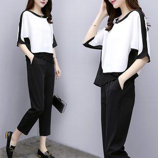 Set: Elbow-sleeve Panel Top + Cropped Pants