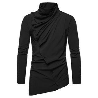 Stand-collar Asymmetric Button Long-sleeve Shirt