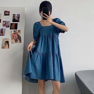 Square-neck Short-sleeve Denim Shift Dress