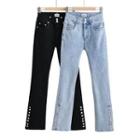 Studded Mid Rise Plain Flared Jeans