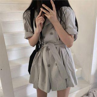 Double Breasted Tie Waist Short-sleeve Coat Dress Gray - One Size