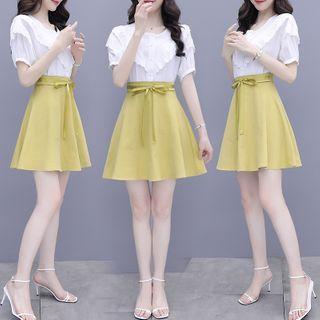Set: Short-sleeve Buttoned Frill Trim Blouse + A-line Mini Skirt