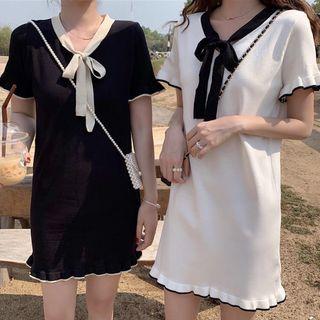 Short-sleeve Frill Trim Mini Knit Dress