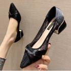 Pointed Lace Block Heel Pumps