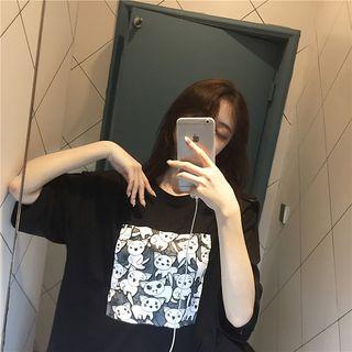 Elbow-sleeve Cat Print T-shirt Black - One Size