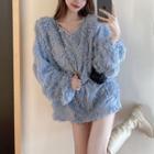 Fringed Furry-knit V-neck Pullover Blue - One Size