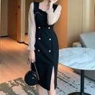 Long-sleeve Double Breasted Mesh Panel Midi Dress
