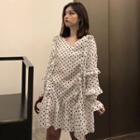 Dotted Long-sleeve Frill Trim Chiffon Dress