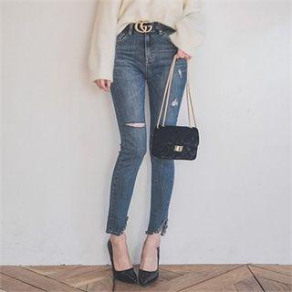 Asymmetric-hem Distressed Slim-fit Jeans