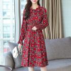 Long-sleeve Frill Trim Floral A-line Dress