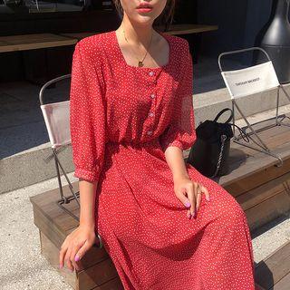 Square Neck 3/4-sleeve Dotted Chiffon Dress