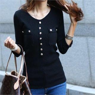 Buttoned Rib-knit Top