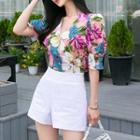 Set: Floral Print Elbow-sleeve Blouse + High-waist Shorts