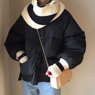 Padded Button Coat / Contrast Trim Scarf / Set