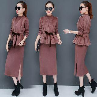 Set: Furry Tie-waist Vest + Long-sleeve Mock Neck Midi Knit Dress