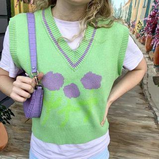 V-neck Floral Print Knit Vest