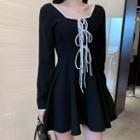 Long-sleeve Lace Up Mini A-line Dress Black - One Size