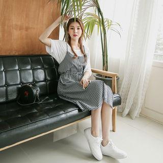 Spaghetti-strap Drawstring-waist Gingham Dress