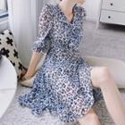 Leopard Print Elbow-sleeve A-line Dress Light Blue - S