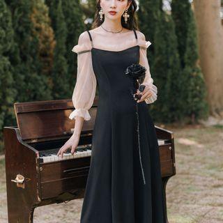 Contrast Trim Cold-shoulder Midi A-line Dress