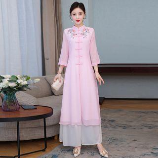 3/4-sleeve Traditional Chinese Frog Buttoned Dress