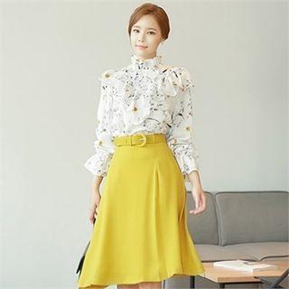 Mock-neck Floral Chiffon Blouse