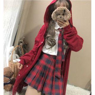 Hooded Snap Button Coat/ Plain Shirt/ Plaid Tie/ Pleated Mini A-line Skirt/set