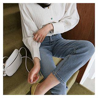 Round-neck Button-trim Textured Blouse Ivory - One Size