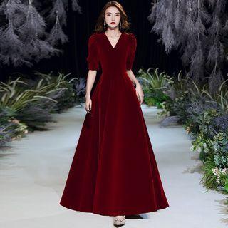 Elbow-sleeve V-neck Velvet A-line Maxi Dress