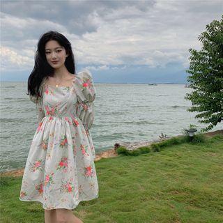 Long-sleeve Floral Print Mini A-line Dress Dress - White - One Size